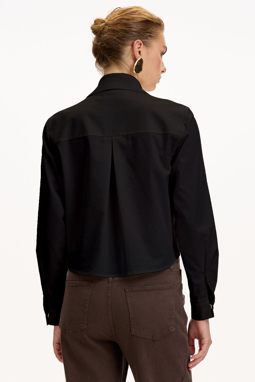 Black Regular Fit Poplin Shirt with Long Sleeves and Knit Panel Details
