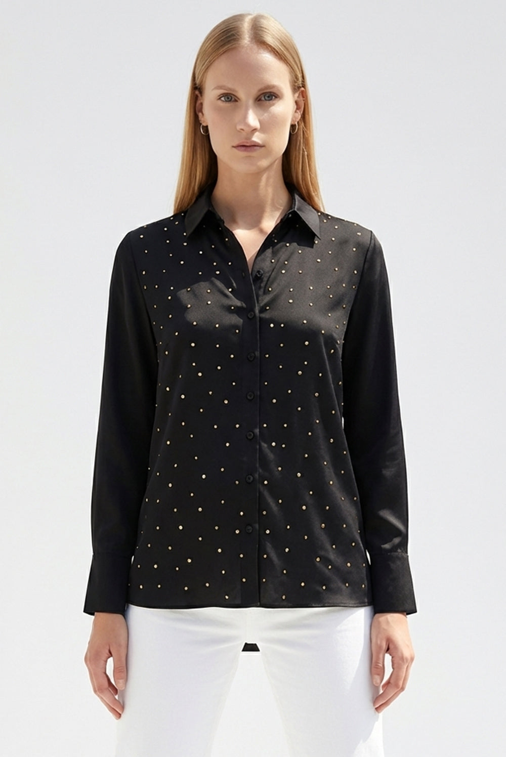 Elegant Stone Detail Long Sleeve Shirt - Black