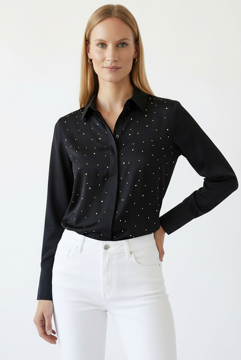 Elegant Stone Detail Long Sleeve Shirt - Black