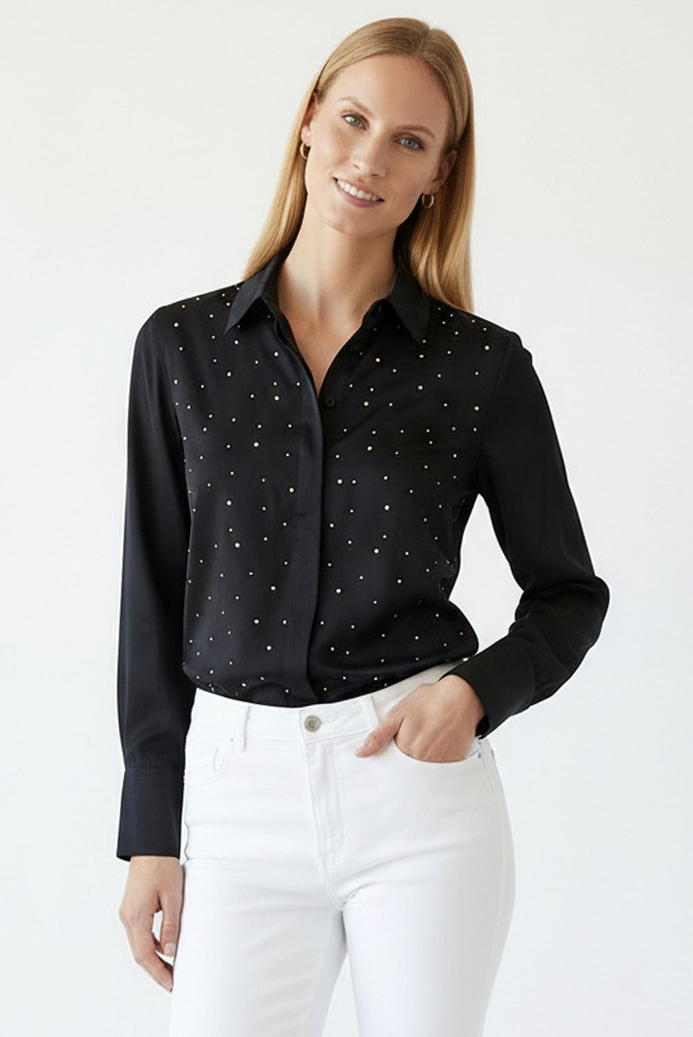 Elegant Stone Detail Long Sleeve Shirt - Black