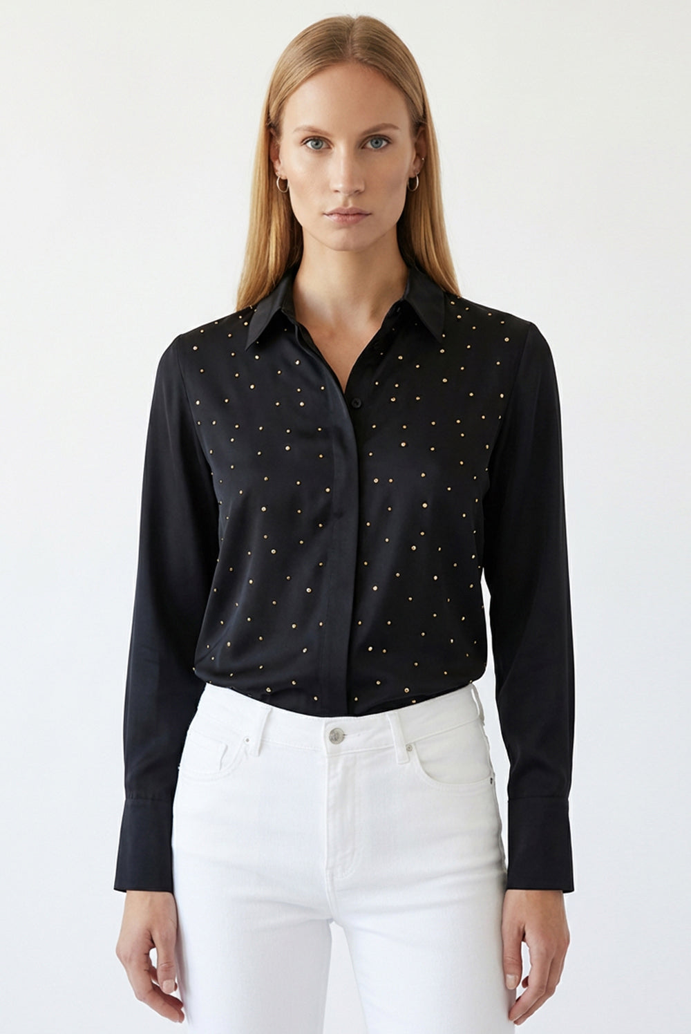 Elegant Stone Detail Long Sleeve Shirt - Black