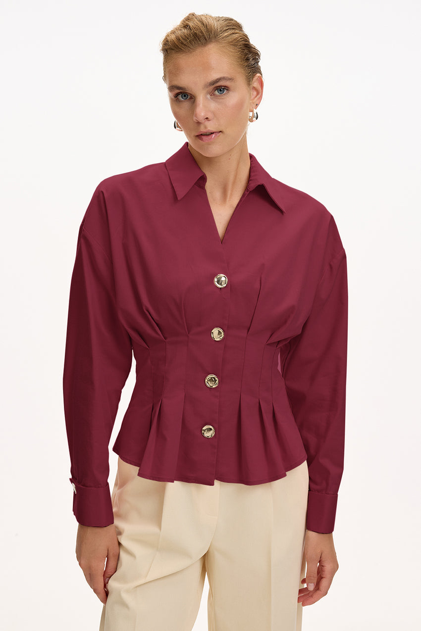Red Poplin Shirt with Long Sleeves, Fitted Waist, and Pleated Details