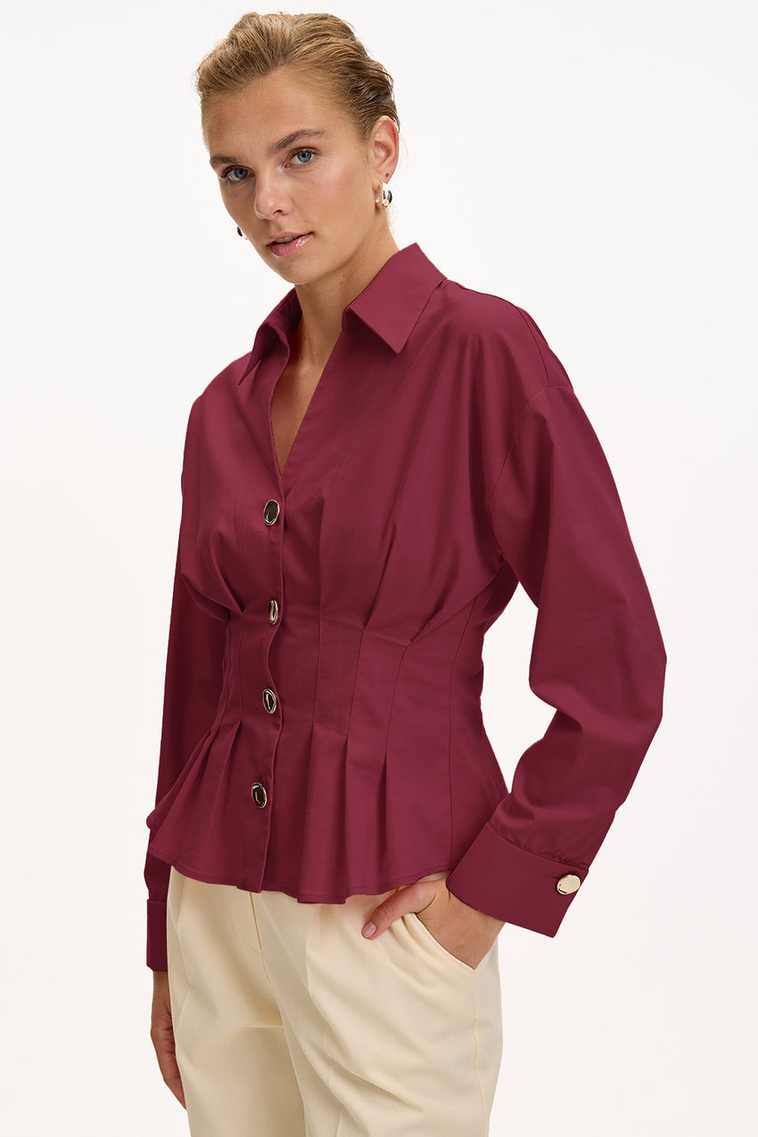 Red Poplin Shirt with Long Sleeves, Fitted Waist, and Pleated Details