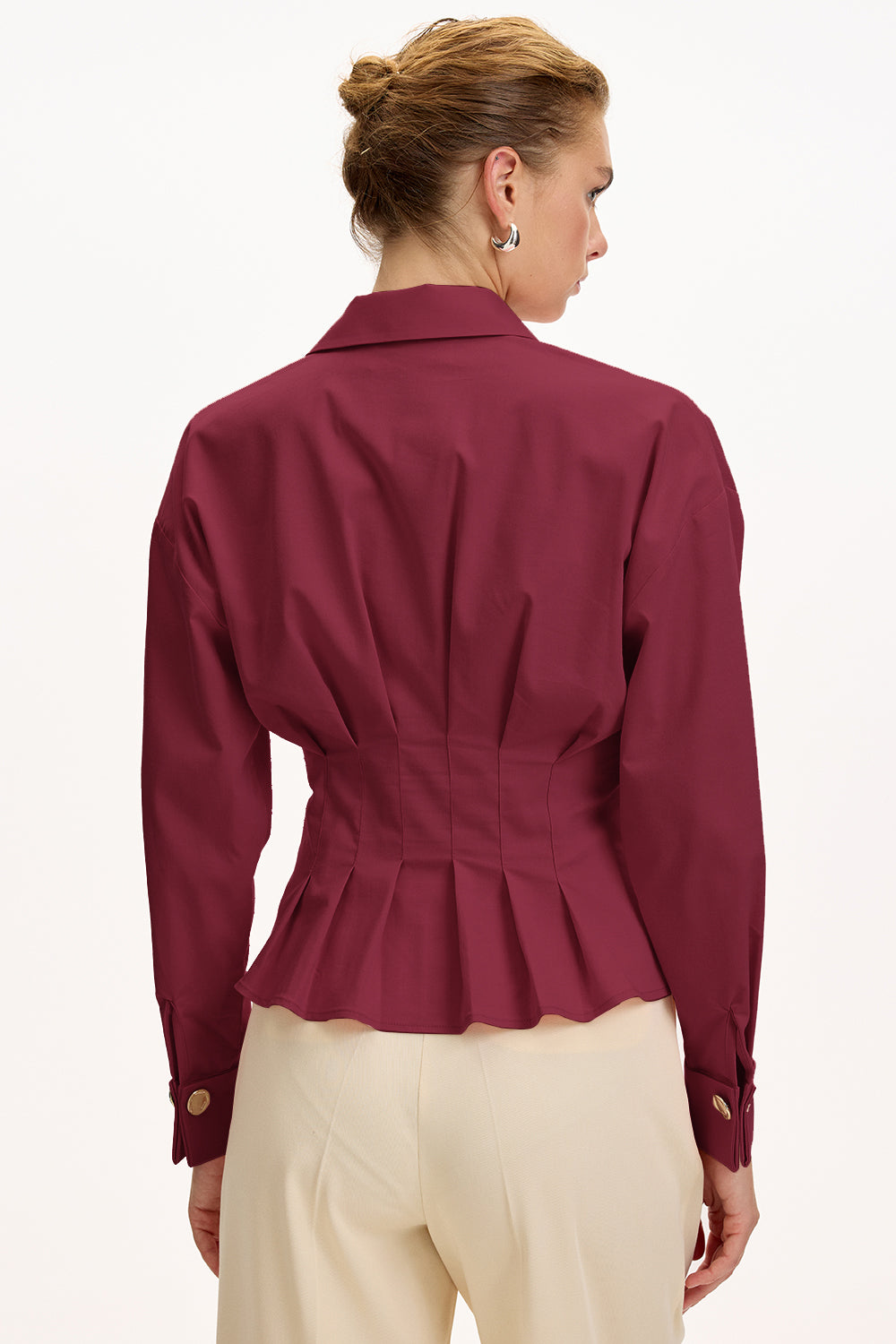 Red Poplin Shirt with Long Sleeves, Fitted Waist, and Pleated Details