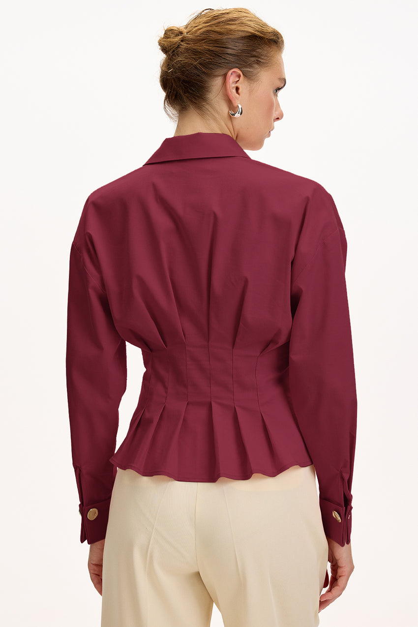 Red Poplin Shirt with Long Sleeves, Fitted Waist, and Pleated Details