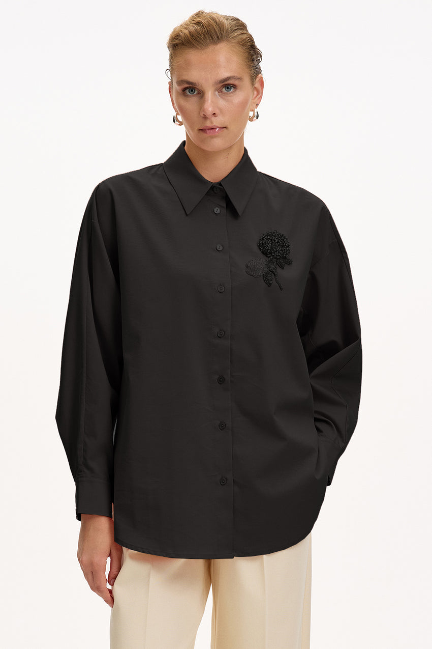Black Regular Fit Shirt with Long Sleeves and Floral Stone Embellishments