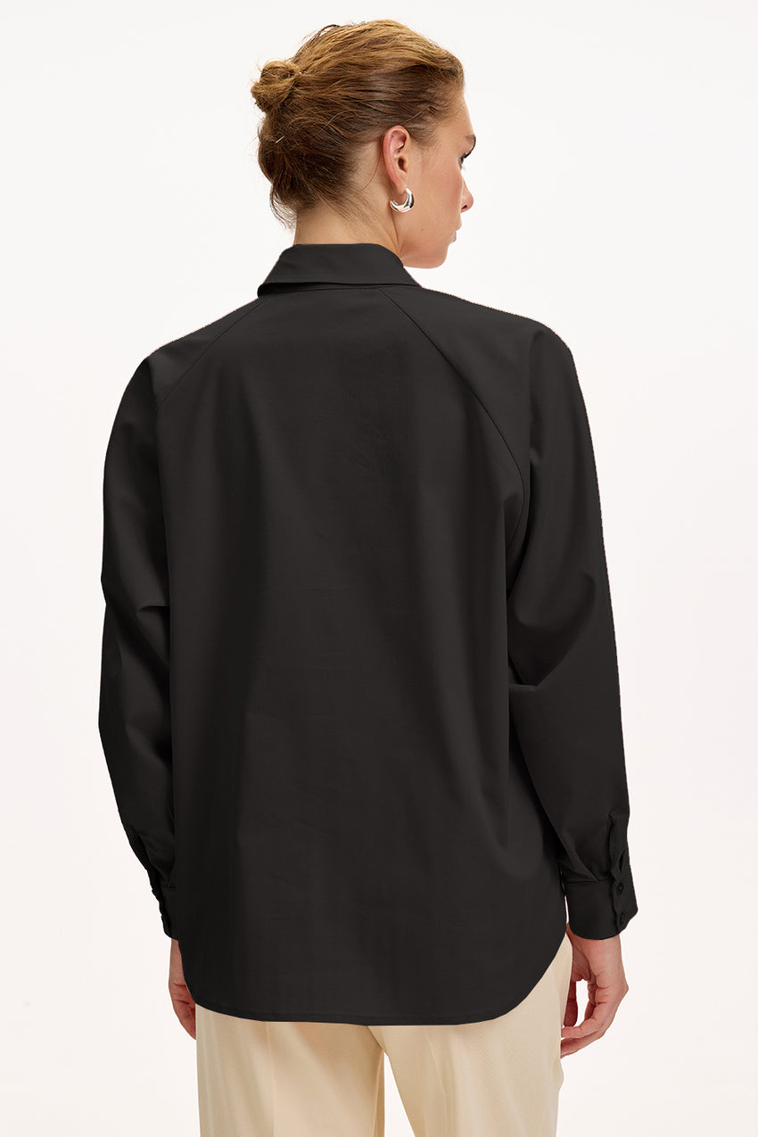 Black Regular Fit Shirt with Long Sleeves and Floral Stone Embellishments
