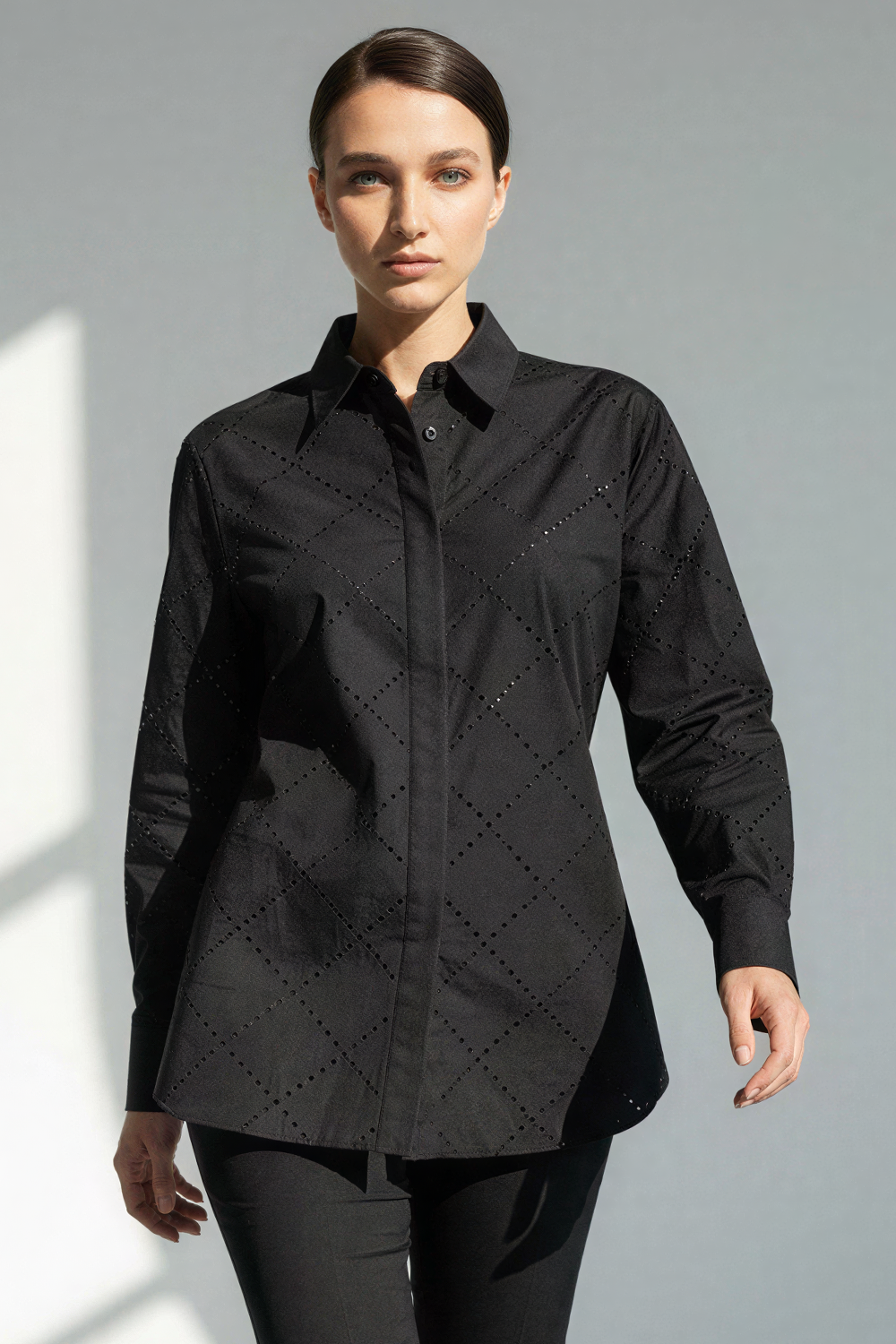 Stone Pattern Pocketless Long Sleeve Regular Fit Cotton Shirt