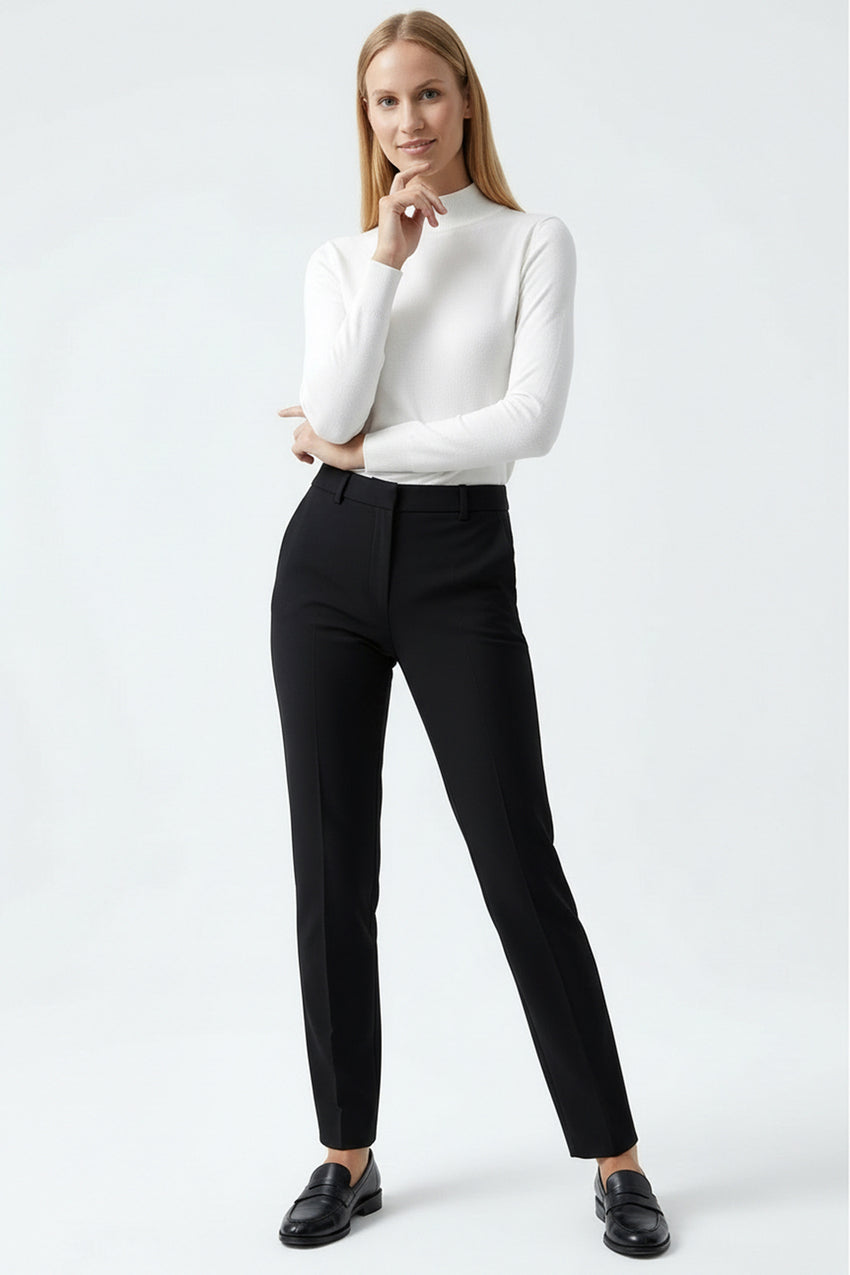 Women's High Waist Slim Fit Black Woven Pants