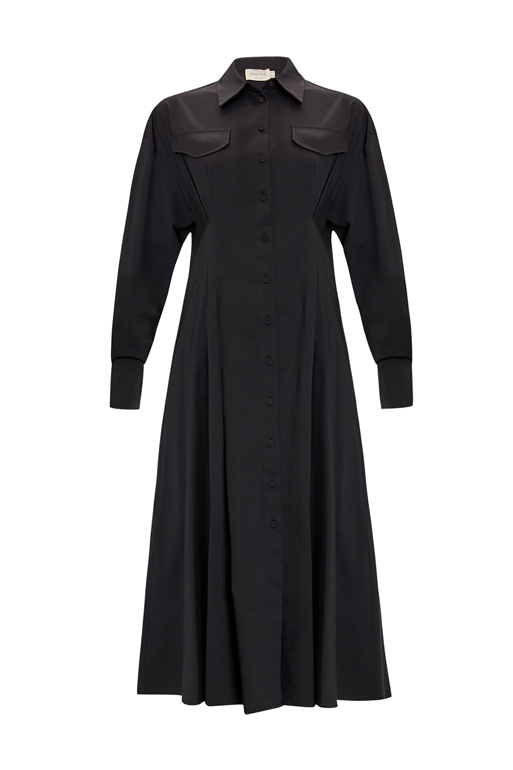 Black Slim Fit Midi Dress with Shirt Collar and Long Sleeves