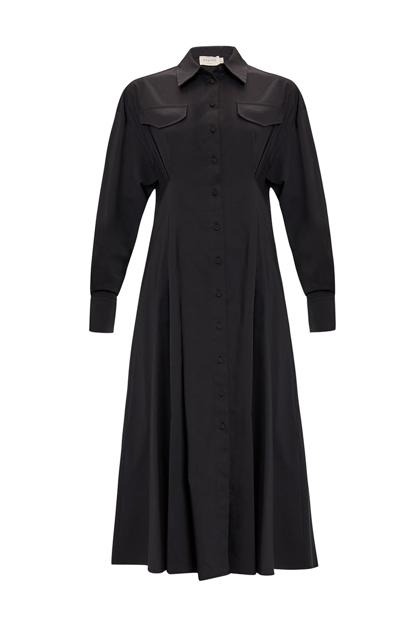 Black Slim Fit Midi Dress with Shirt Collar and Long Sleeves