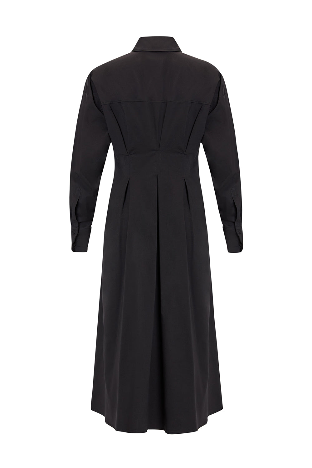 Black Slim Fit Midi Dress with Shirt Collar and Long Sleeves