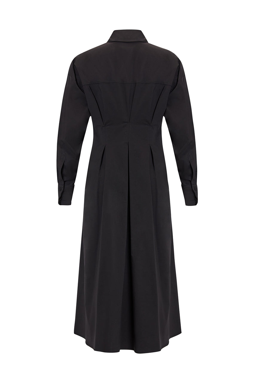 Black Slim Fit Midi Dress with Shirt Collar and Long Sleeves