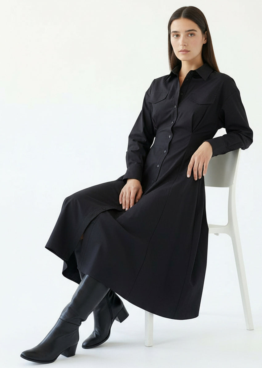 Black Slim Fit Midi Dress with Shirt Collar and Long Sleeves