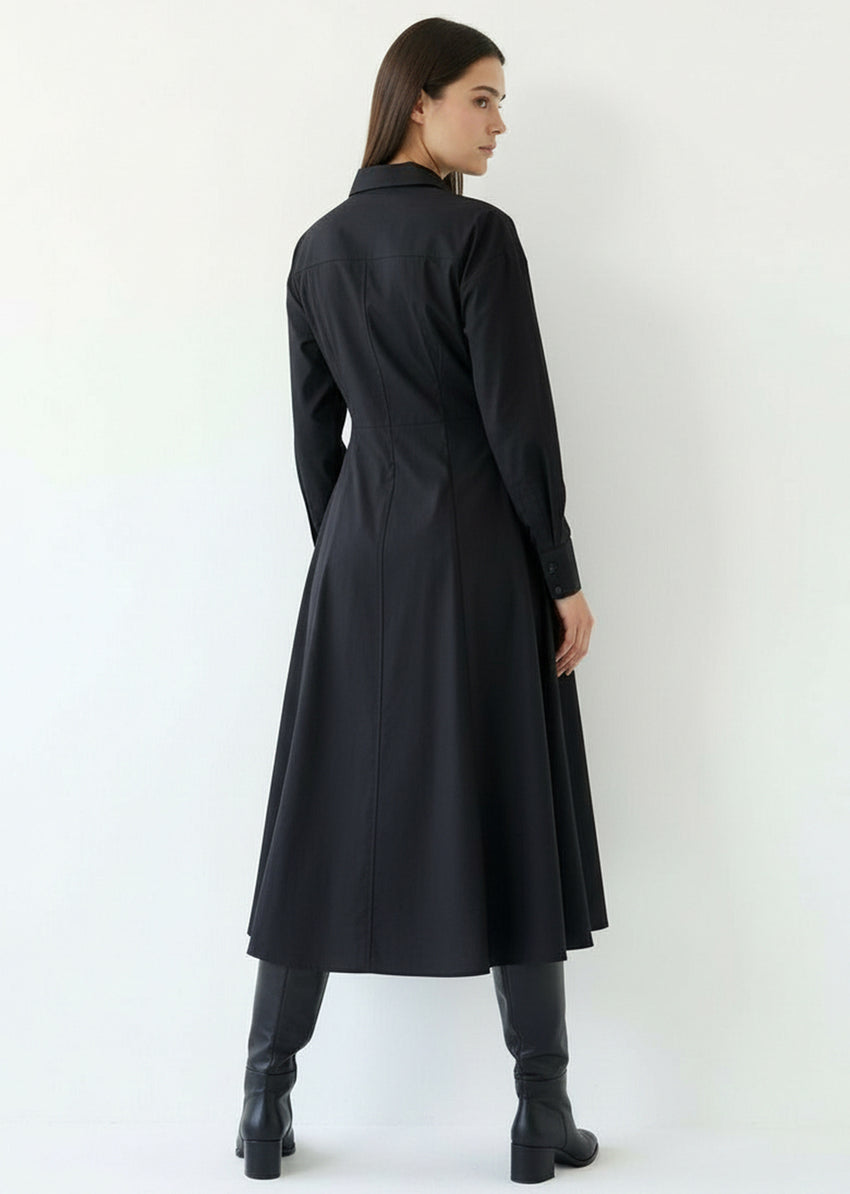 Black Slim Fit Midi Dress with Shirt Collar and Long Sleeves