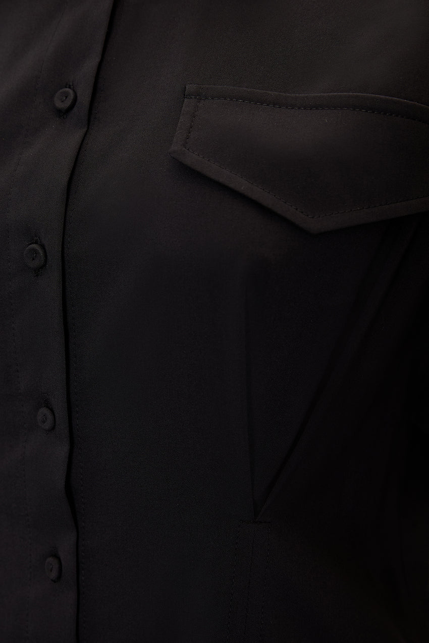 Black Slim Fit Midi Dress with Shirt Collar and Long Sleeves