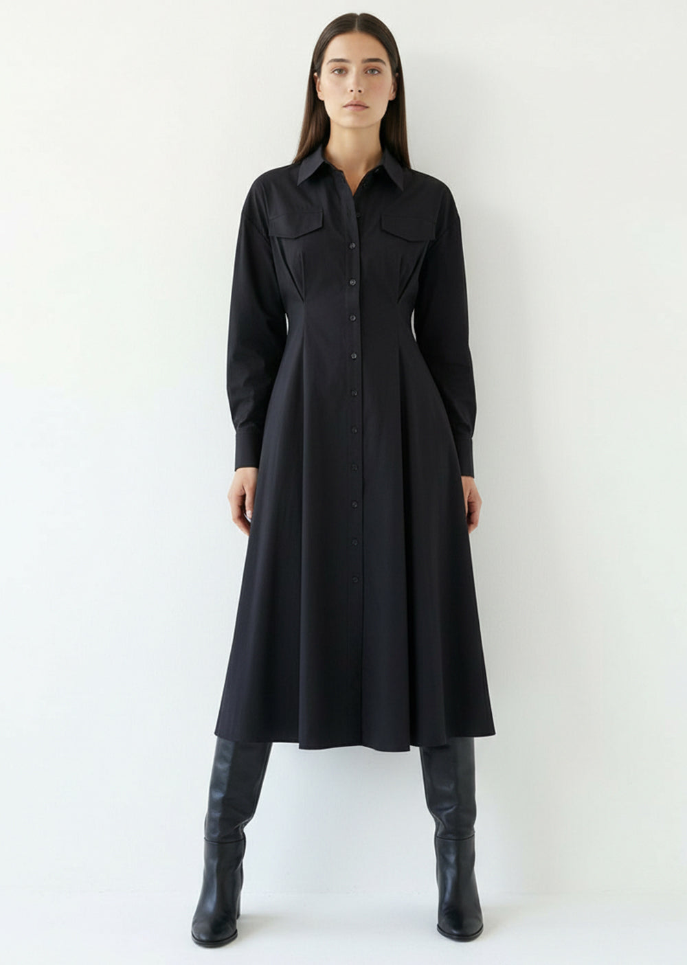 Black Slim Fit Midi Dress with Shirt Collar and Long Sleeves