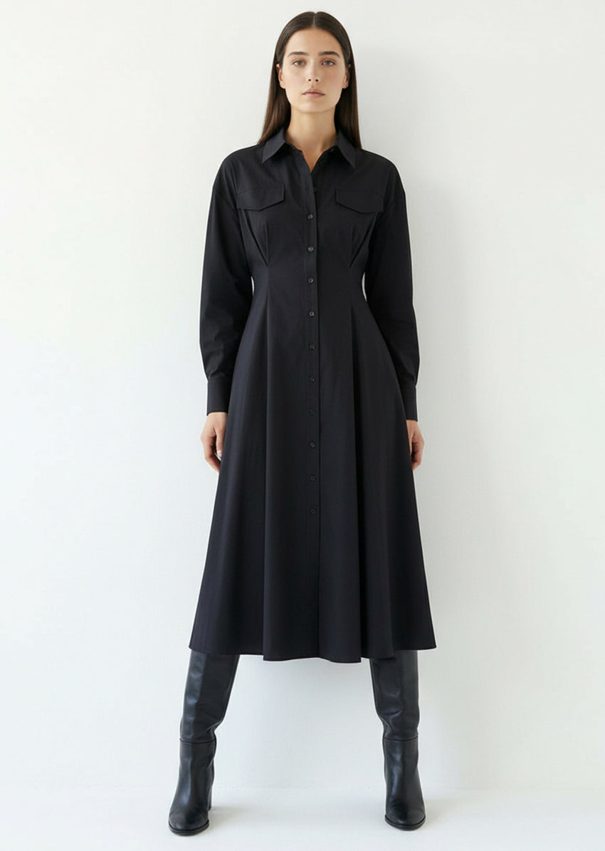Black Slim Fit Midi Dress with Shirt Collar and Long Sleeves