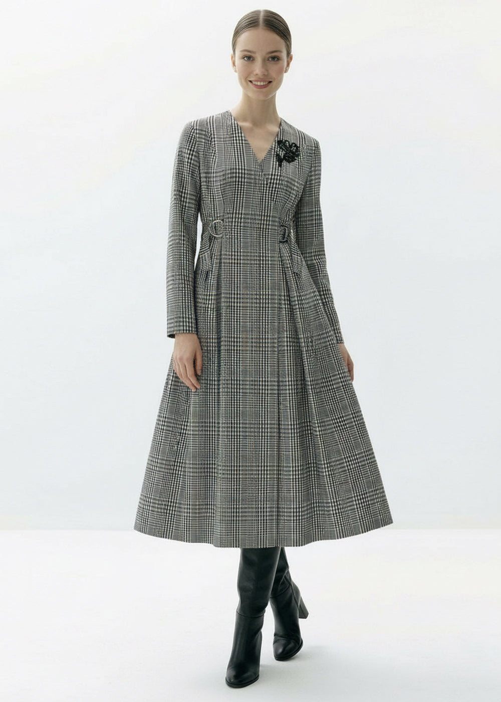 Regular Notched Lapel 3/4 Sleeve Dress - Black