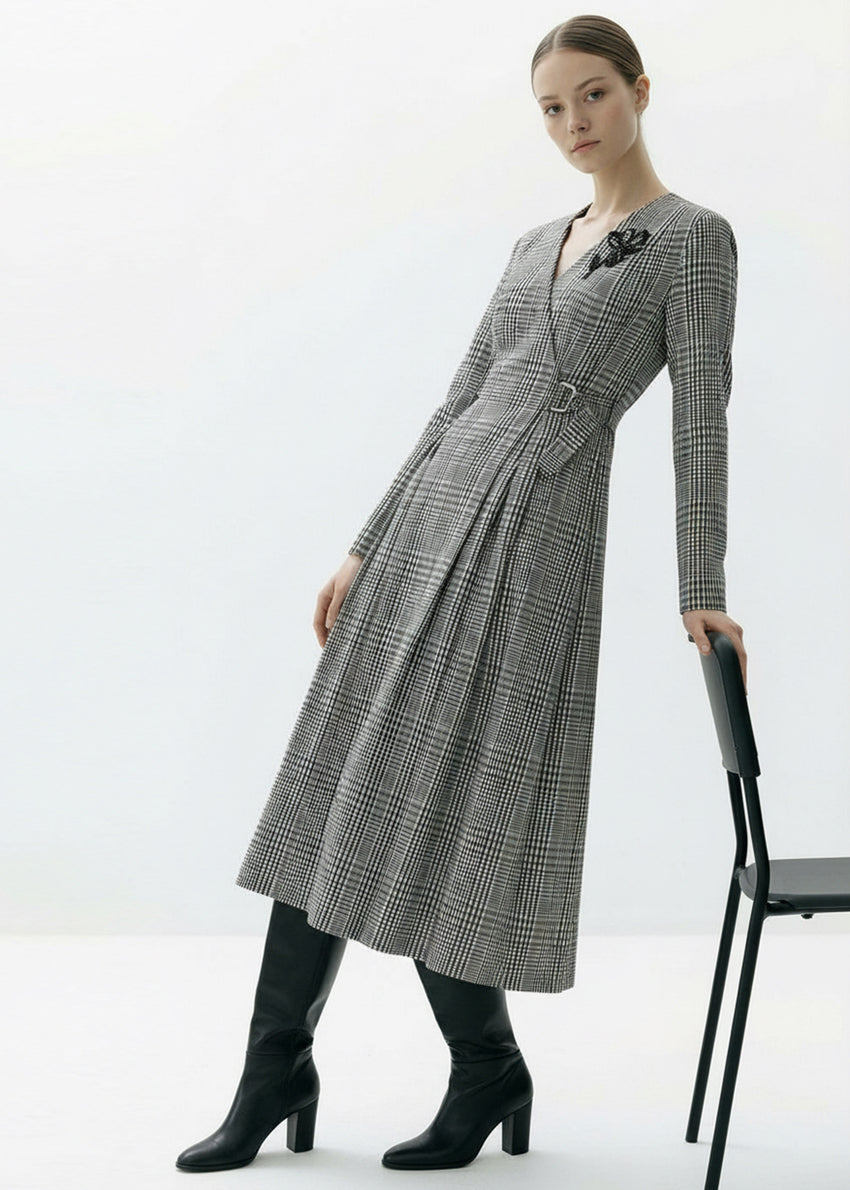 Aila Multi Print 3/4 Sleeve Notched Lapel Dress with Pockets and Belted Waist