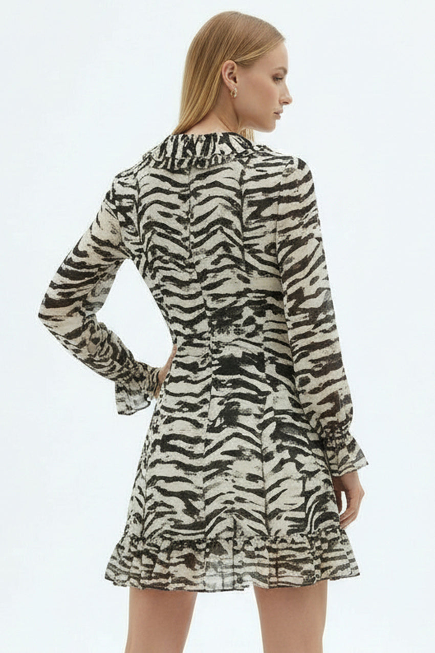 Long Sleeve Ruffle Detailed Zebra Print Woven Mini Dress