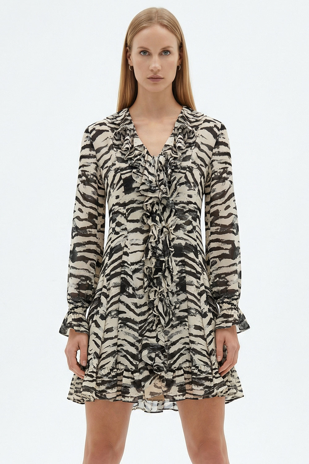 Long Sleeve Ruffle Detailed Zebra Print Woven Mini Dress