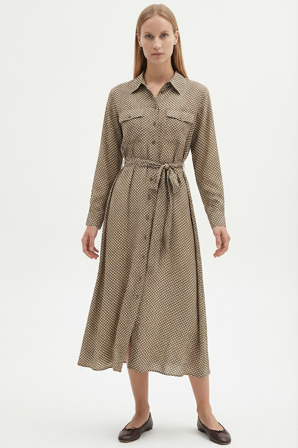 Elegant Printed Woven Shirt Dress with Long Sleeves