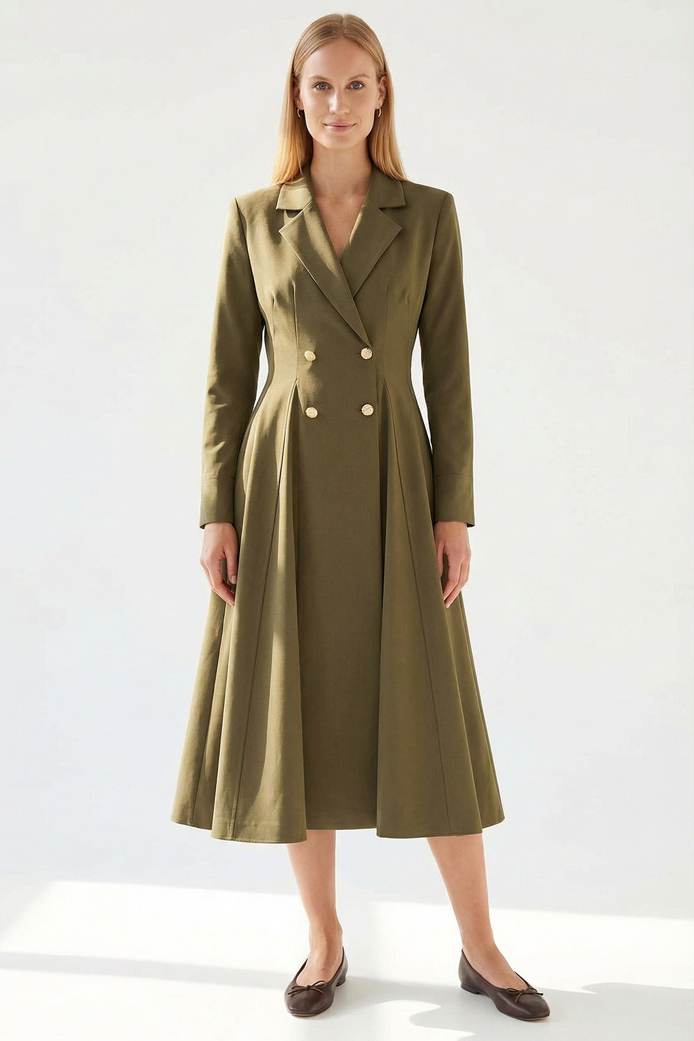 Elegant Gold Button Double Breasted Midi Blazer Dress