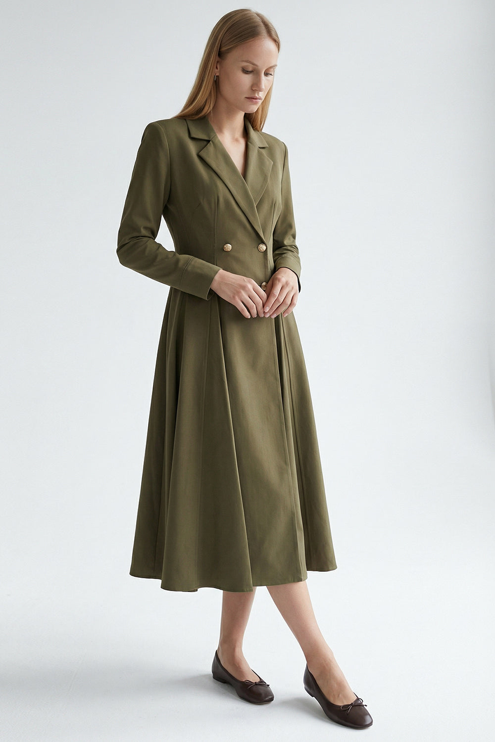 Elegant Gold Button Double Breasted Midi Blazer Dress