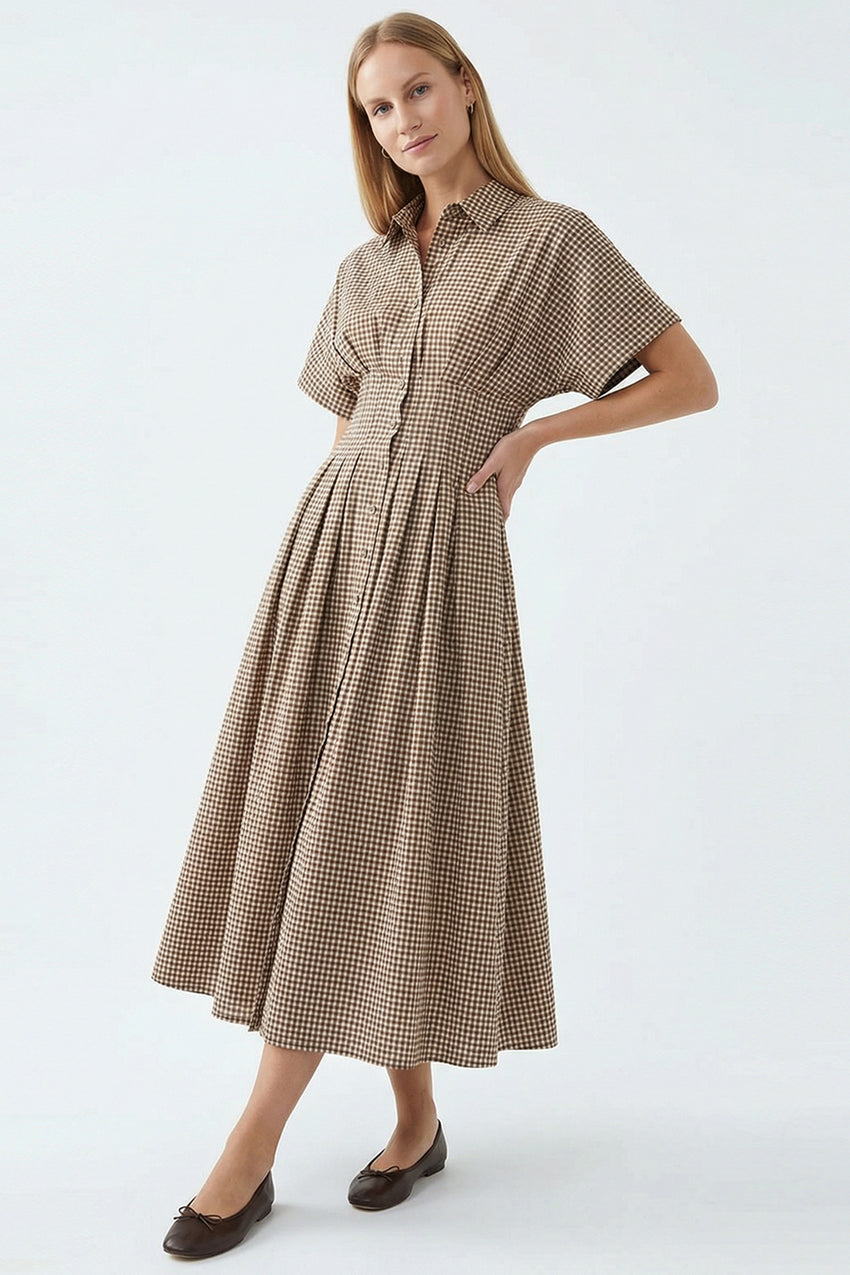Tailored Check Print Shirt Dress with Defined Waist