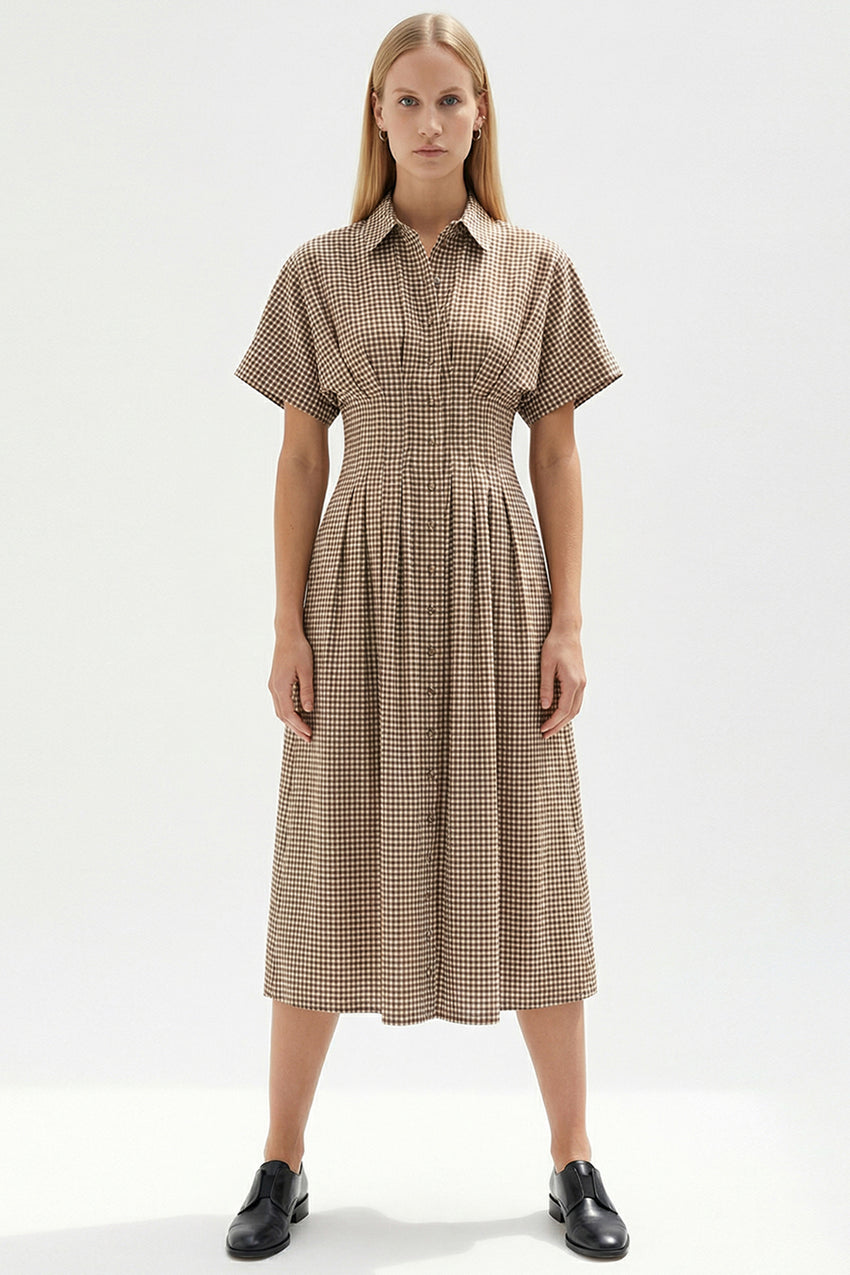 Tailored Check Print Shirt Dress with Defined Waist