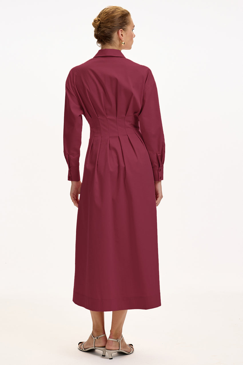 Burgundy Regular Fit Midi Shirt Dress with Fitted Waist and Belt Detail