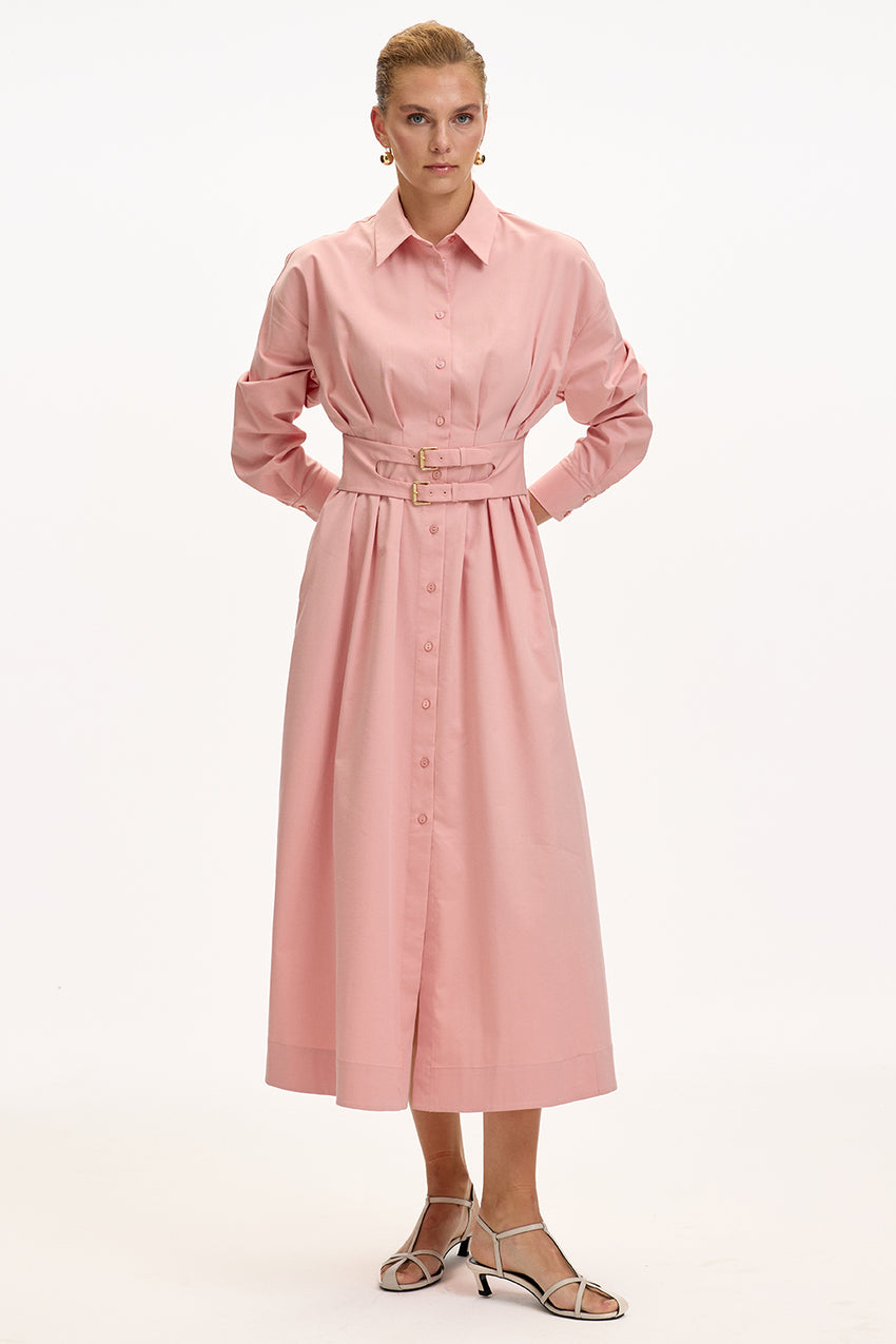 Pink Regular Fit Midi Shirt Dress with Fitted Waist and Belt Detail