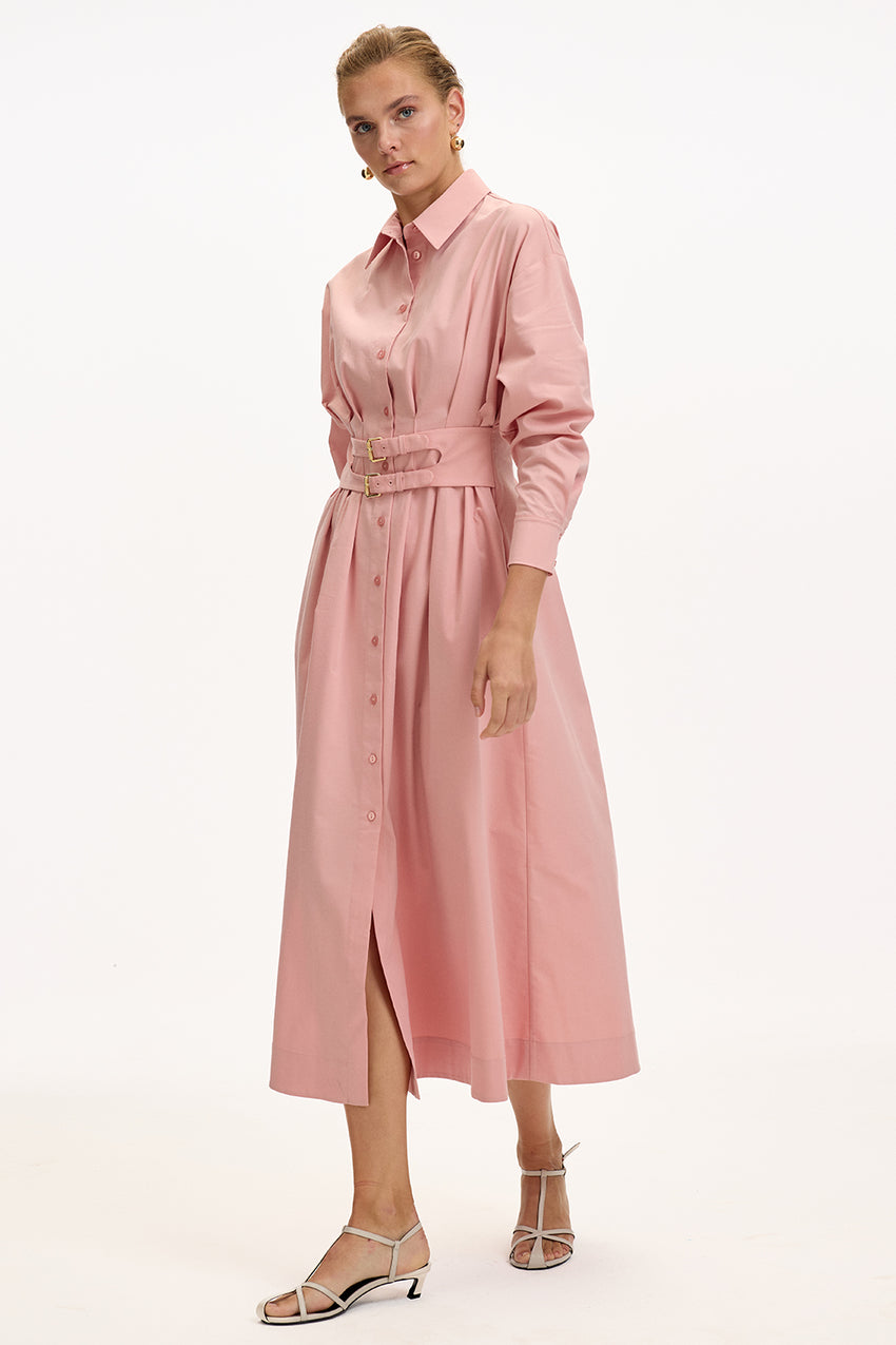 Pink Regular Fit Midi Shirt Dress with Fitted Waist and Belt Detail