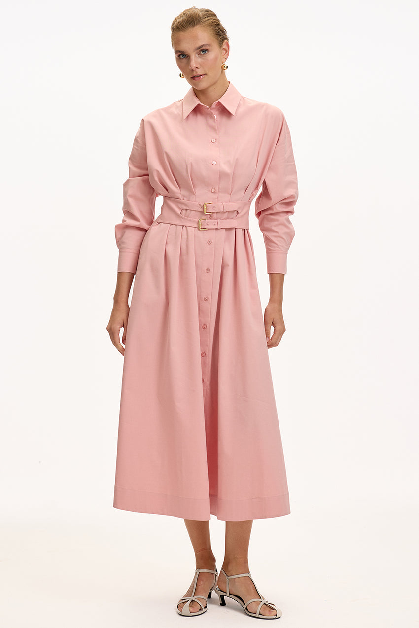 Pink Regular Fit Midi Shirt Dress with Fitted Waist and Belt Detail