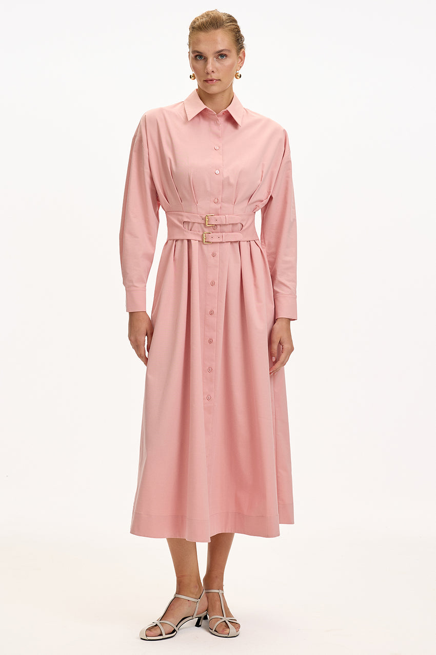 Pink Regular Fit Midi Shirt Dress with Fitted Waist and Belt Detail