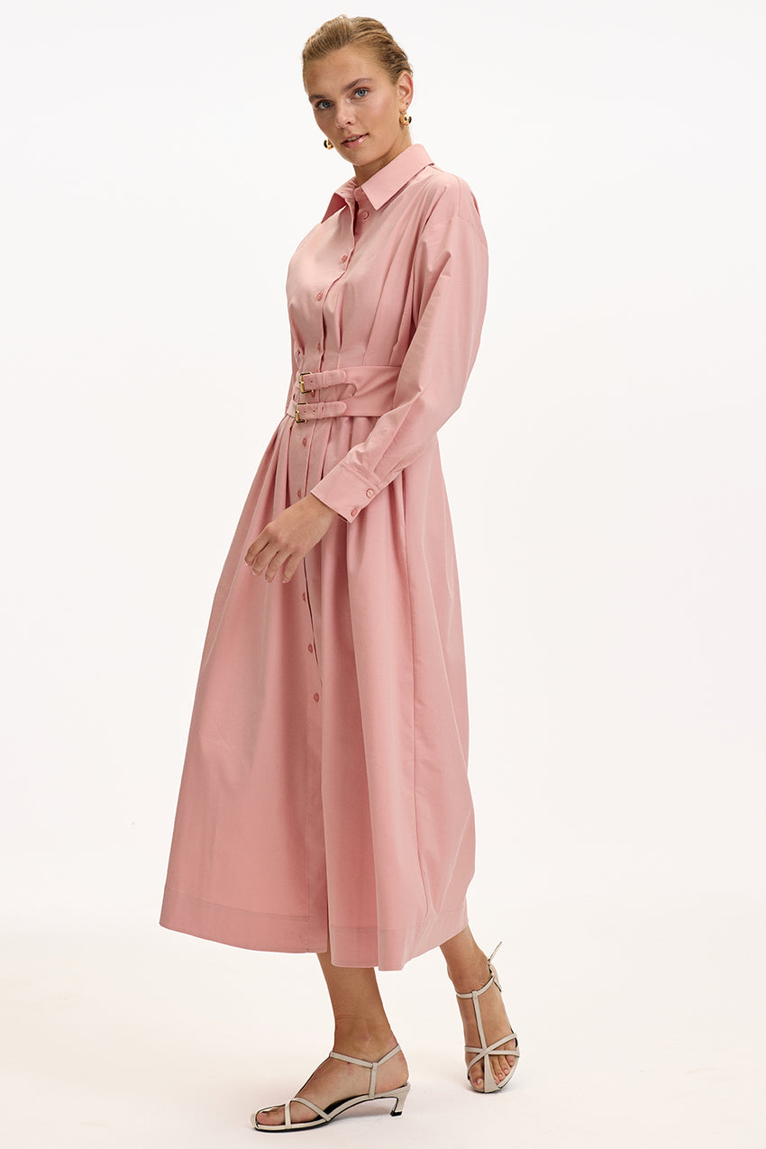 Pink Regular Fit Midi Shirt Dress with Fitted Waist and Belt Detail