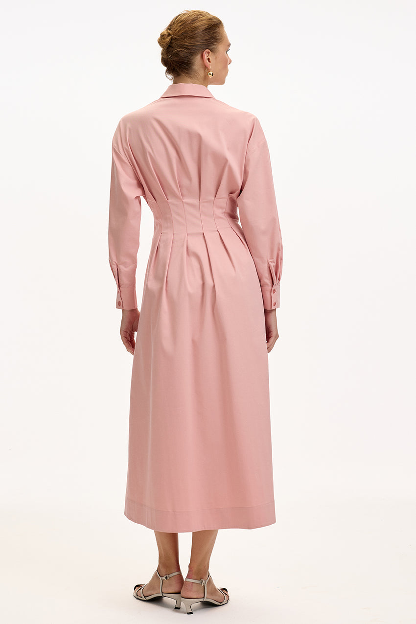 Pink Regular Fit Midi Shirt Dress with Fitted Waist and Belt Detail