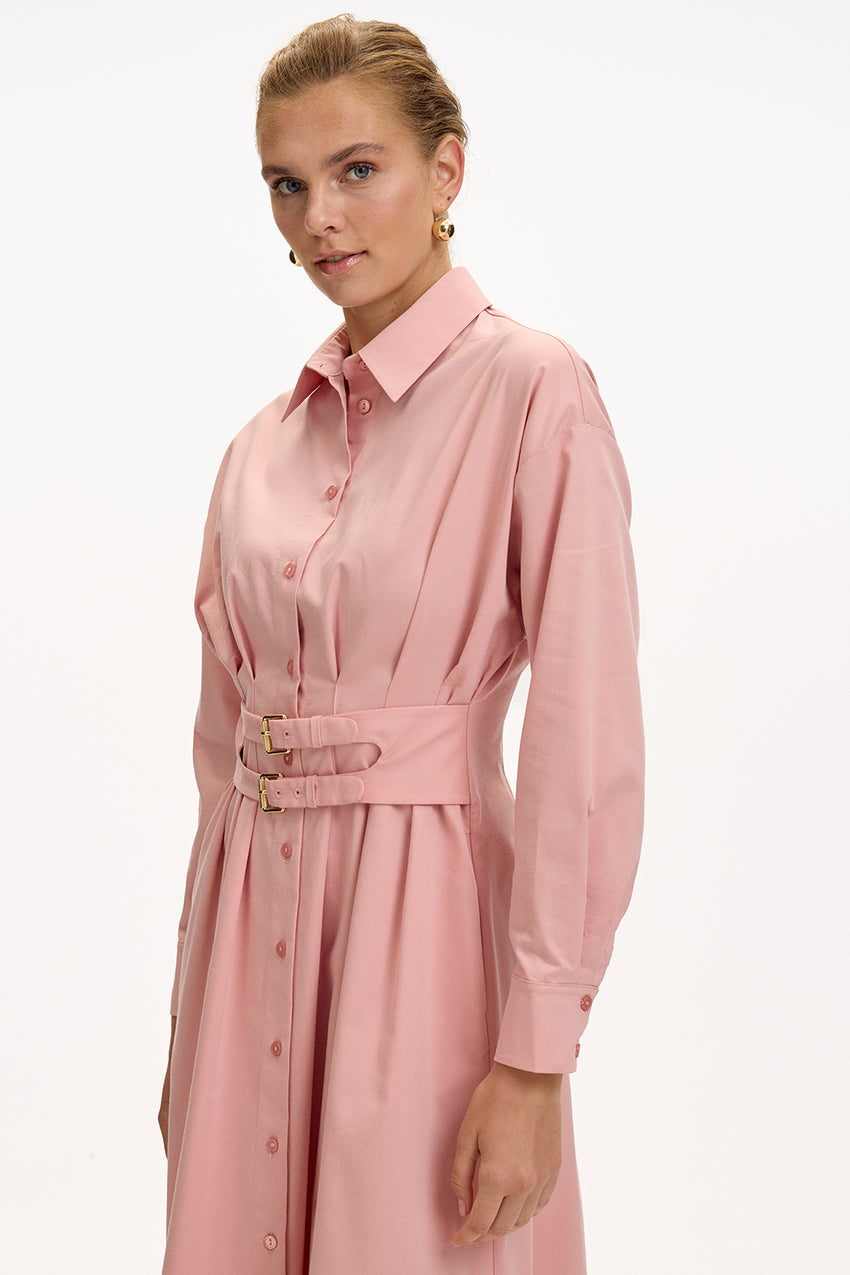 Pink Regular Fit Midi Shirt Dress with Fitted Waist and Belt Detail