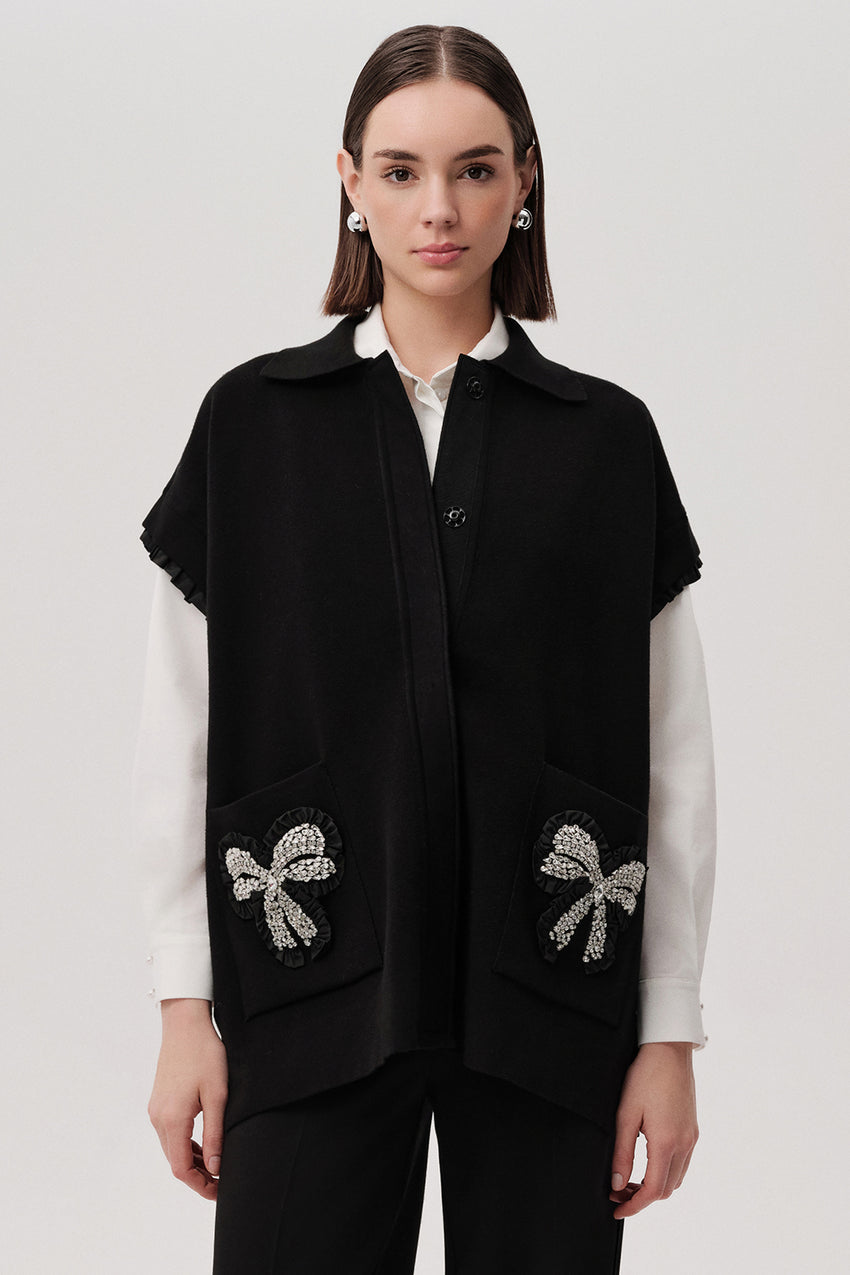 Stone Pocket Detail Collar Knit Vest - Black