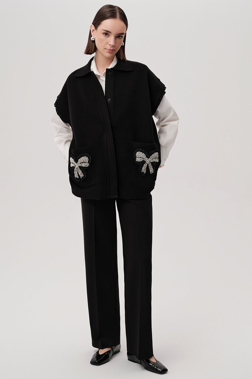 Stone Pocket Detail Collar Knit Vest - Black