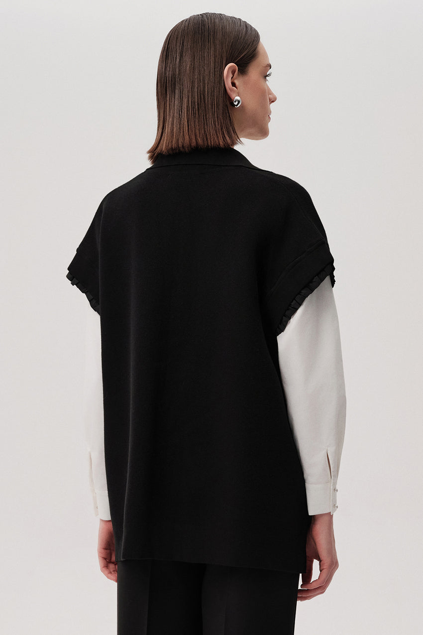 Stone Pocket Detail Collar Knit Vest - Black