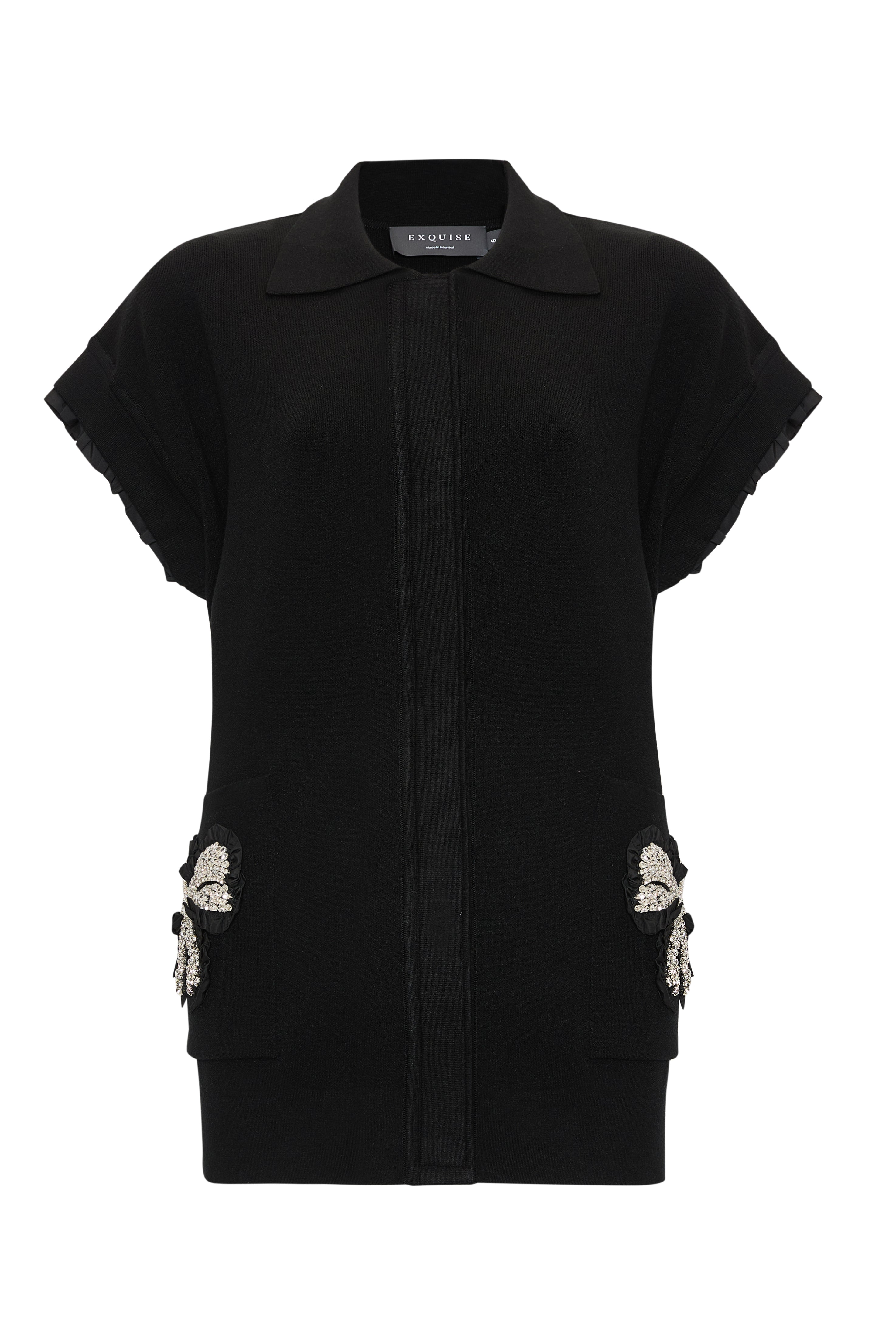 Stone Pocket Detail Collar Knit Vest - Black