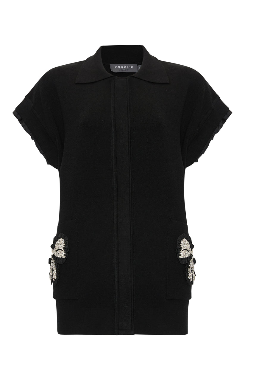 Stone Pocket Detail Collar Knit Vest - Black