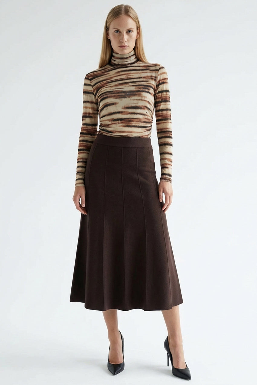 Women's High Waist Brown Knit Midi Skirt
