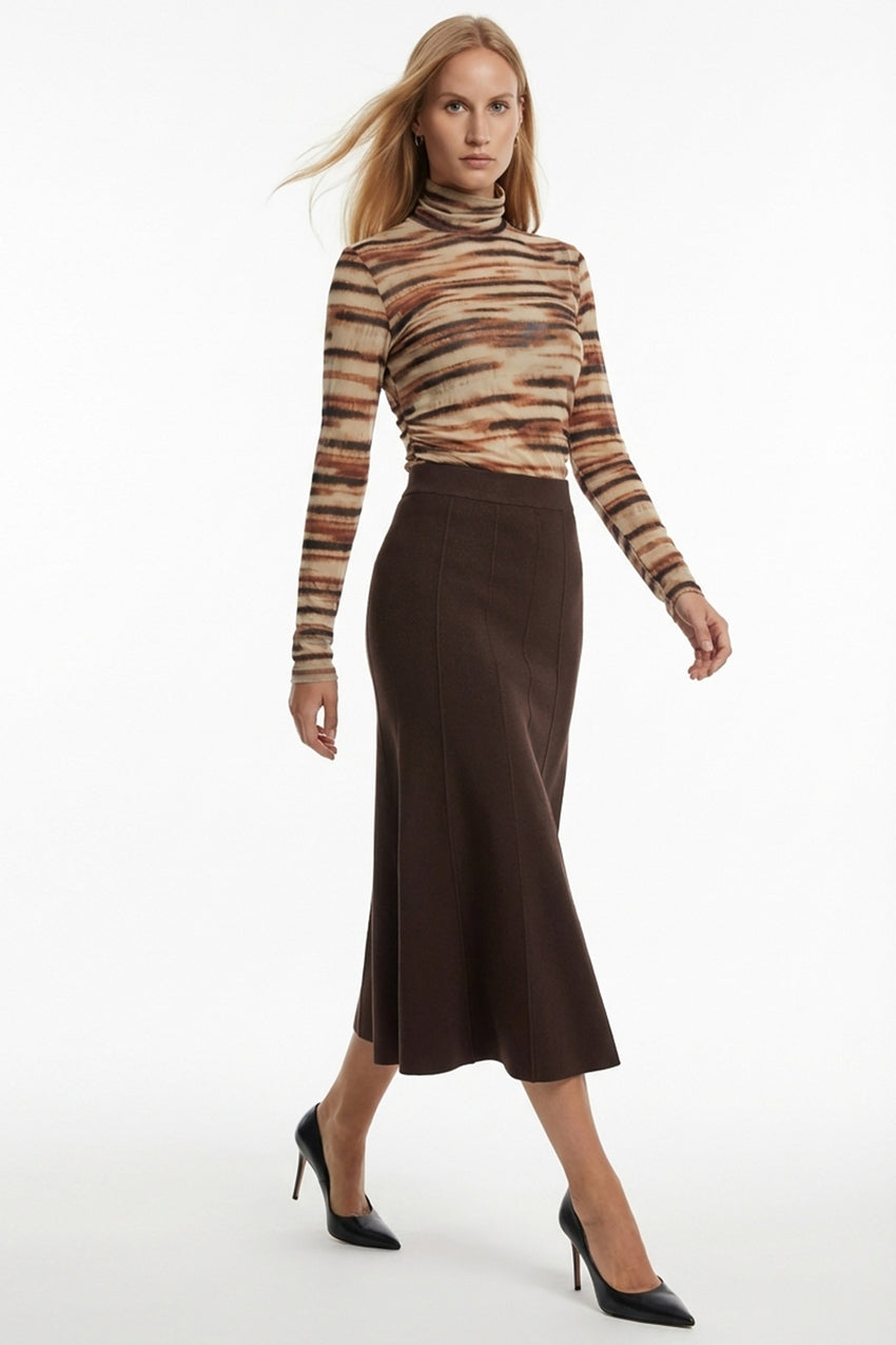 Women's High Waist Brown Knit Midi Skirt