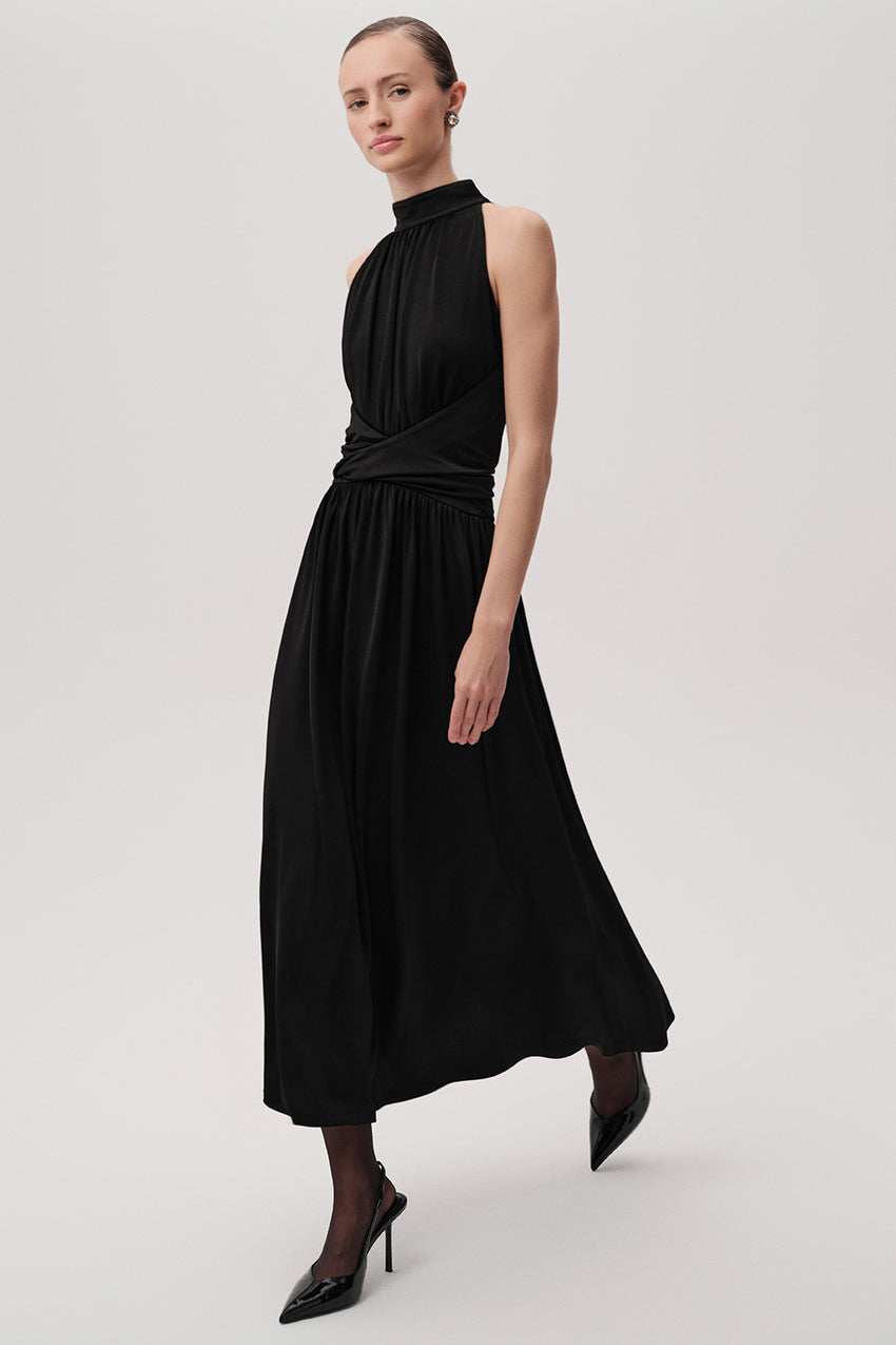 Pleated Knit Dress with Halter Neck - Black