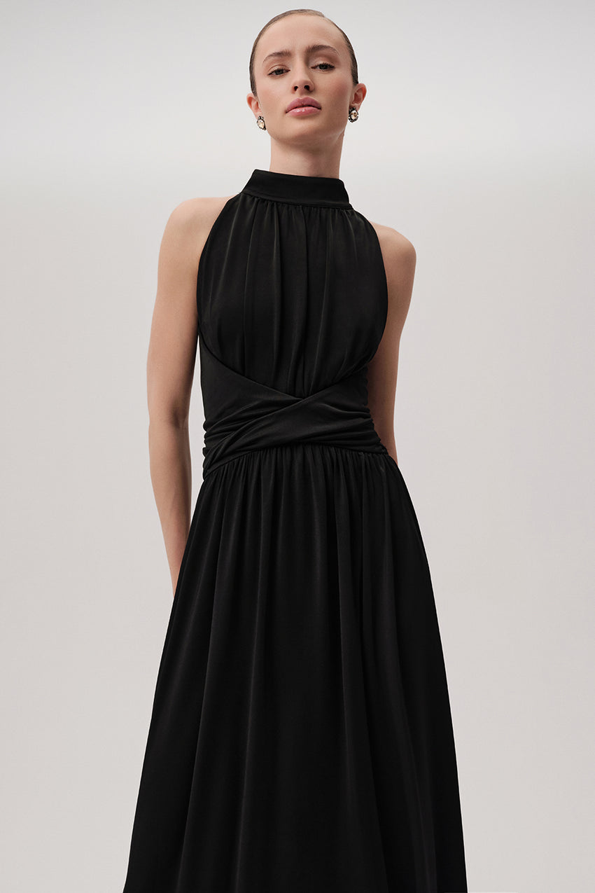 Pleated Knit Dress with Halter Neck - Black