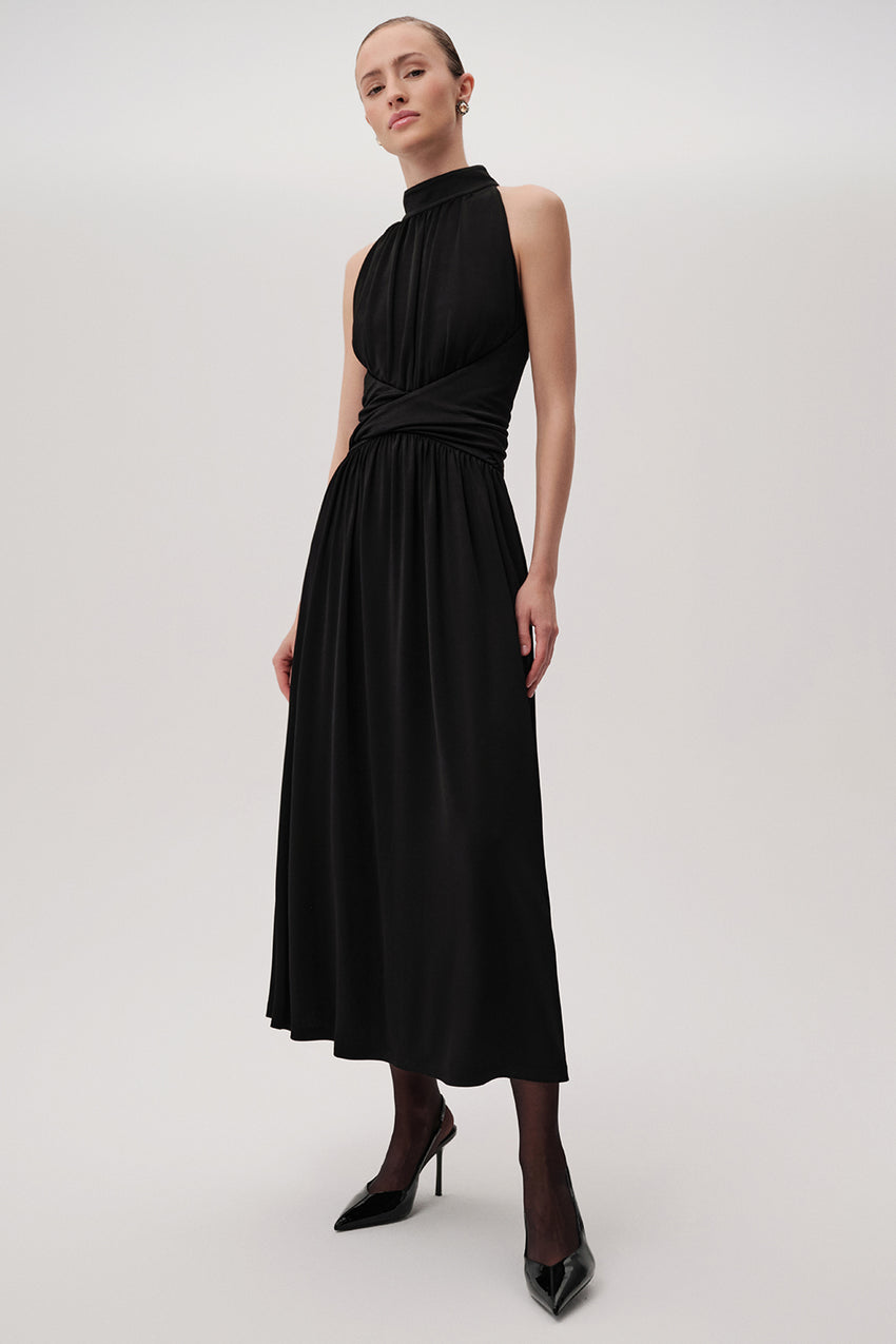 Pleated Knit Dress with Halter Neck - Black