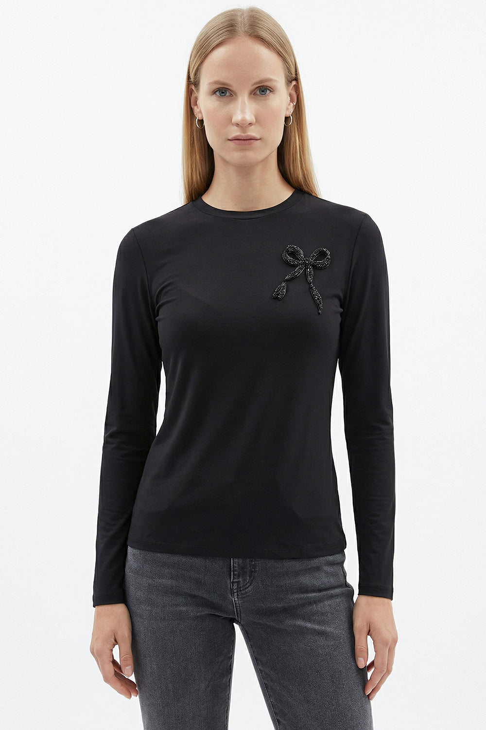 Crew Neck Embroidered Woven Blouse - Black